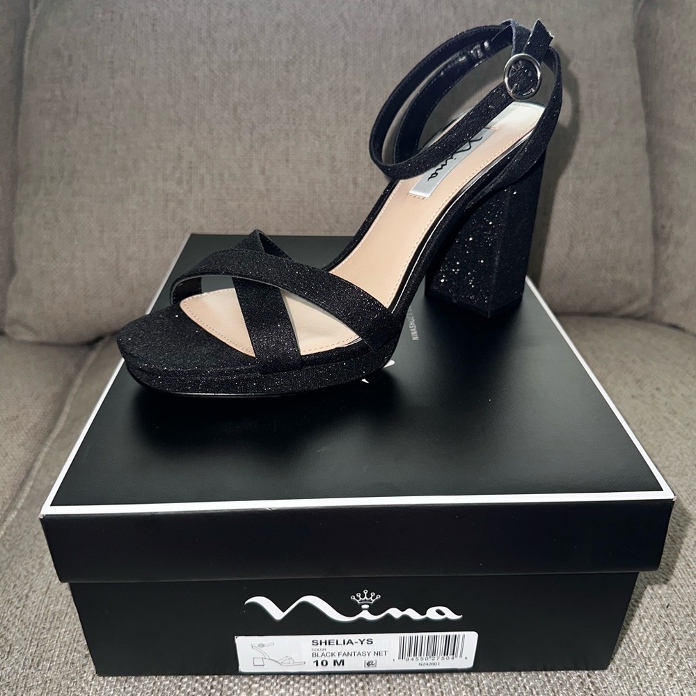 Nina Black Glitter Block Heel Sandals
